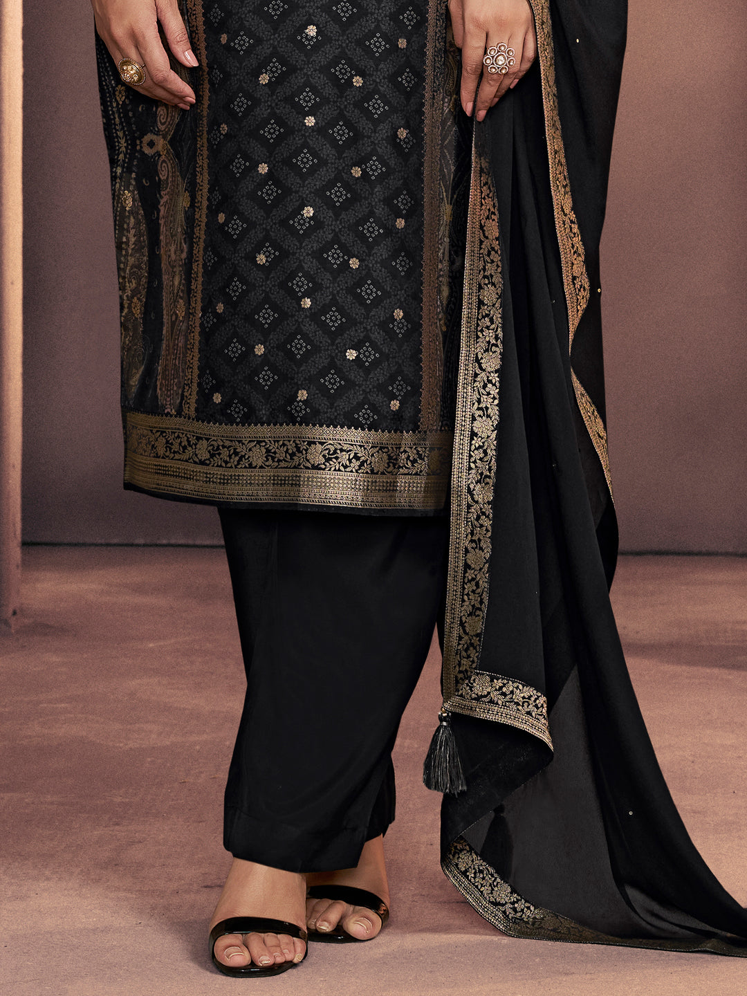 Black Premium Dola Silk Suit with Ethnic Motifs & Jacquard Embellishment