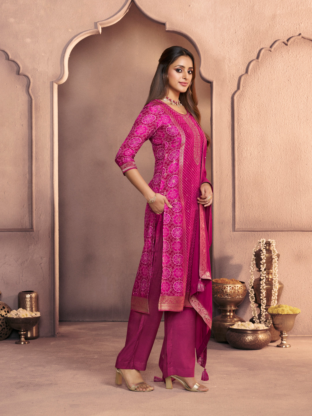 Magenta Premium Dola Silk Suit with Ethnic Motifs & Jacquard Detailing