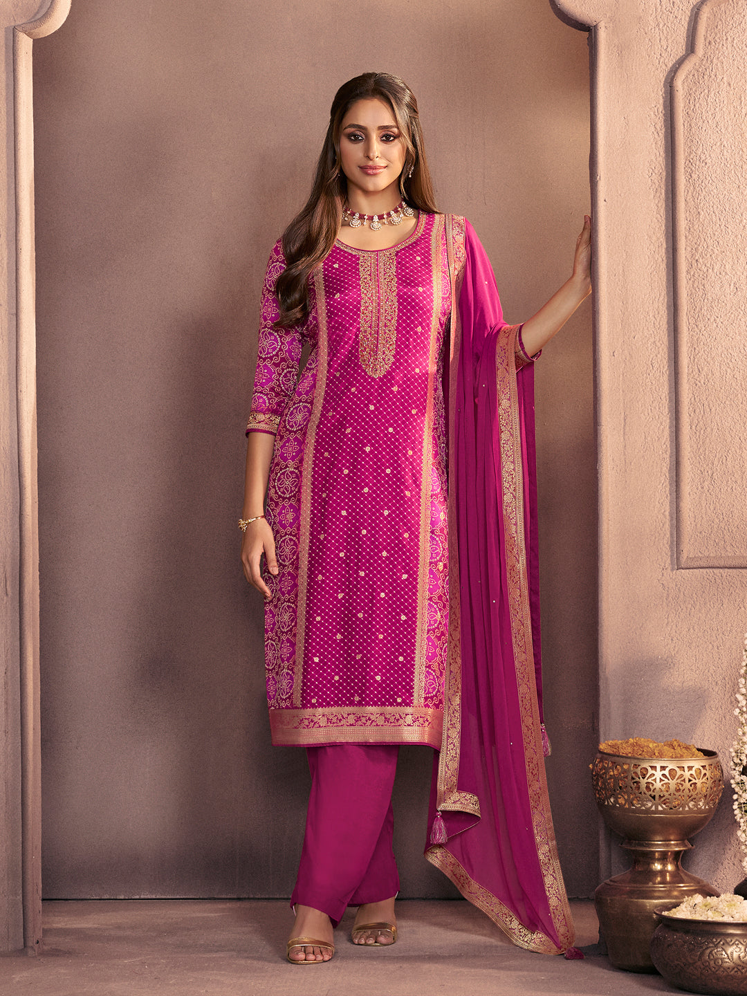 Magenta Premium Dola Silk Suit with Ethnic Motifs & Jacquard Detailing