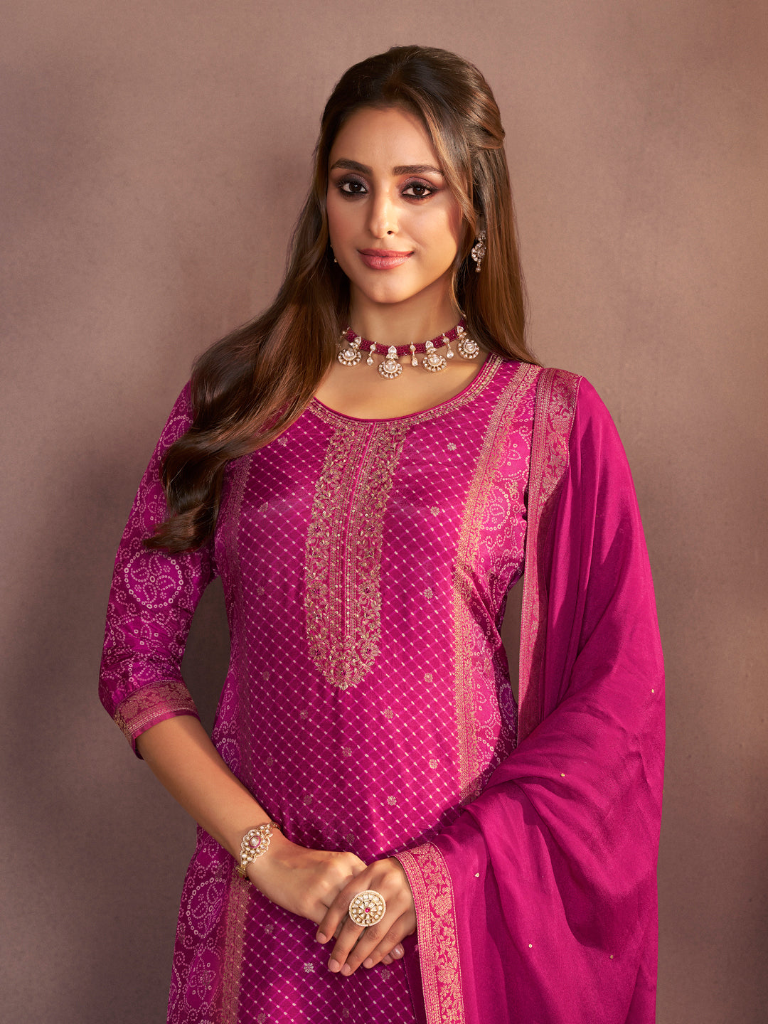 Magenta Premium Dola Silk Suit with Ethnic Motifs & Jacquard Detailing