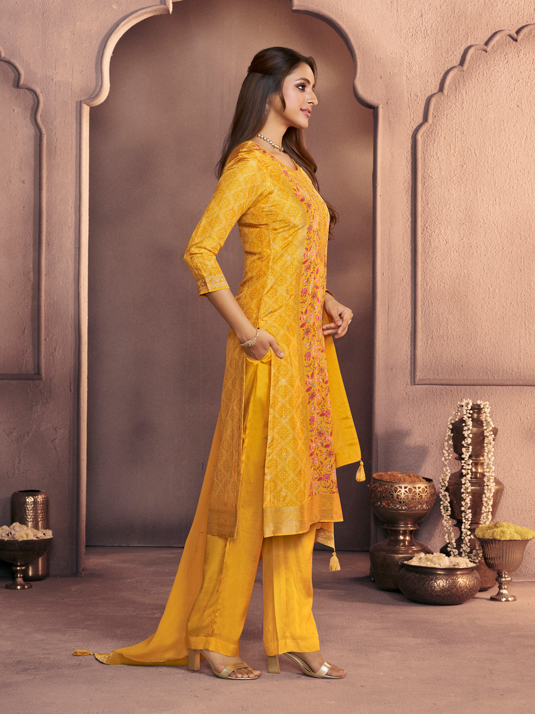 Yellow Premium Dola Silk Suit with Ethnic Motifs & Jacquard Detailing