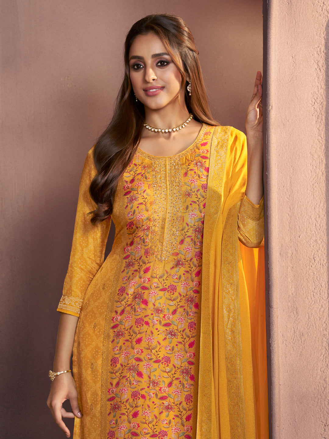 Yellow Premium Dola Silk Suit with Ethnic Motifs & Jacquard Detailing