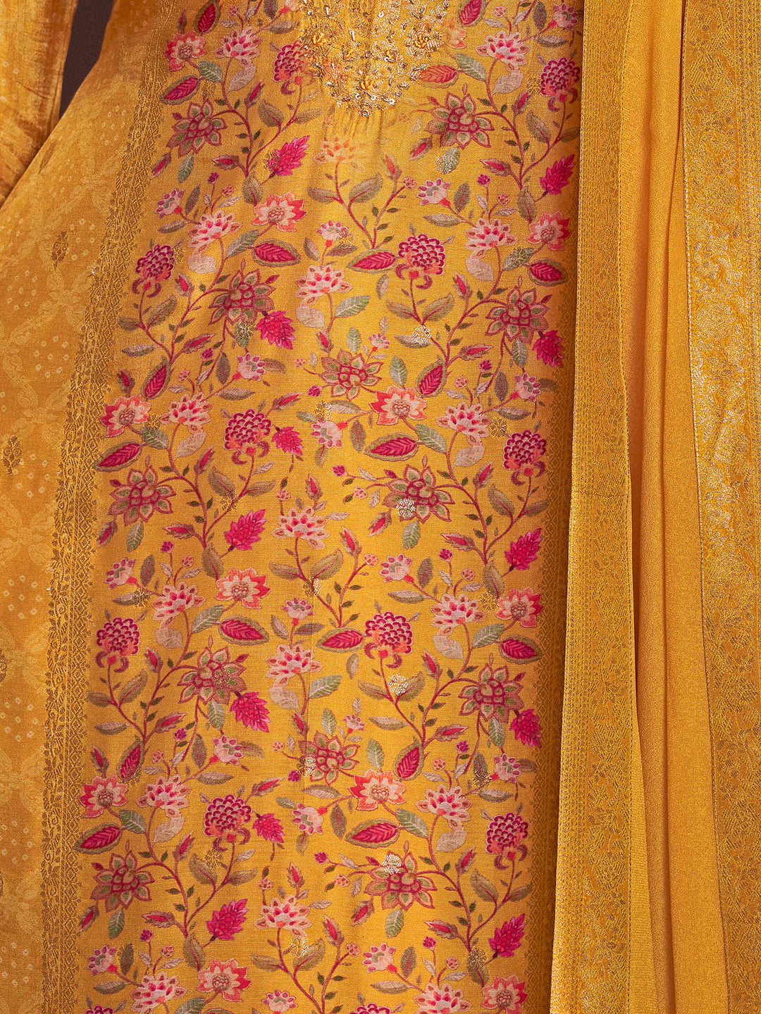 Yellow Premium Dola Silk Suit with Ethnic Motifs & Jacquard Detailing