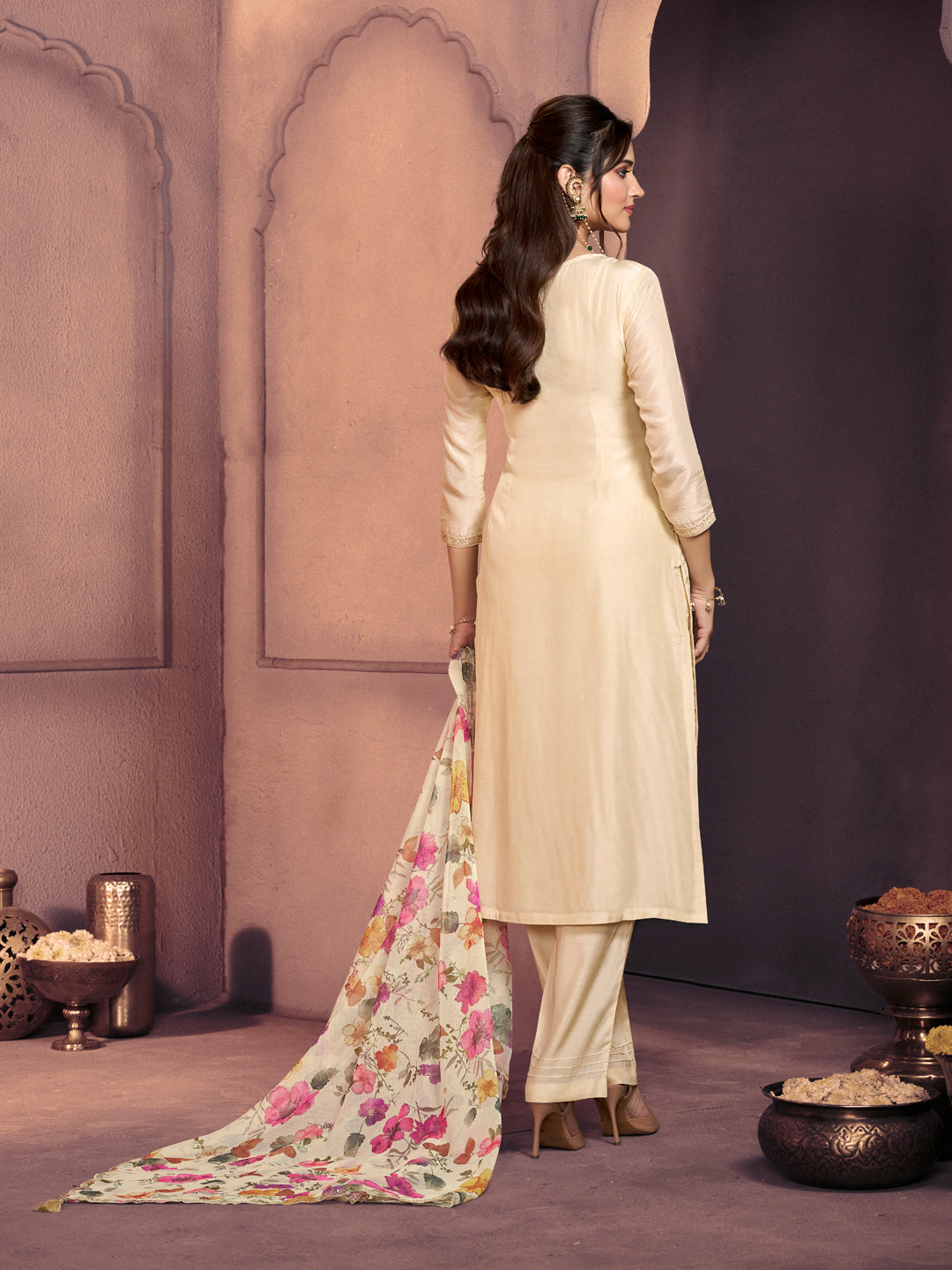 Off-White Dola Silk Suit with Ethnic Motifs & Embroidered Neckline
