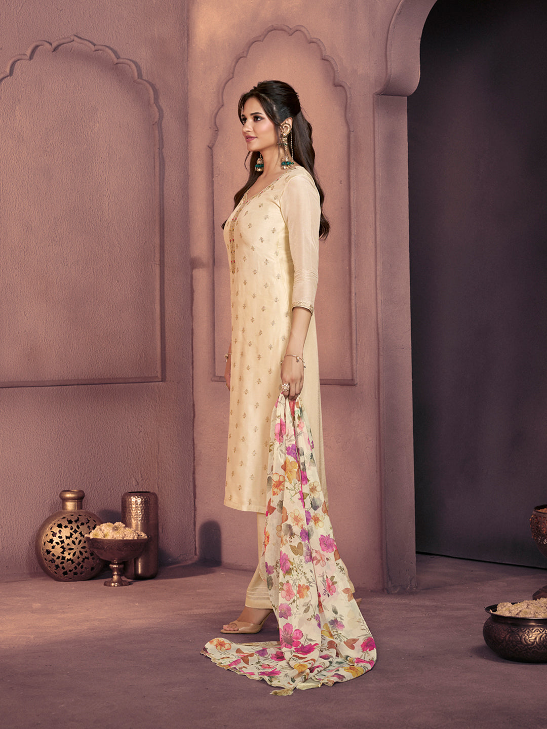 Off-White Dola Silk Suit with Ethnic Motifs & Embroidered Neckline