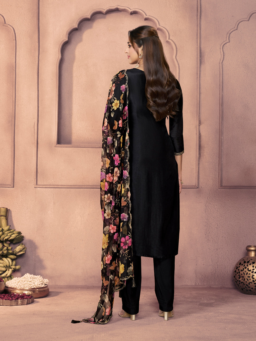 Black Dola Silk Suit with Ethnic Motifs and Embroidered Neckline