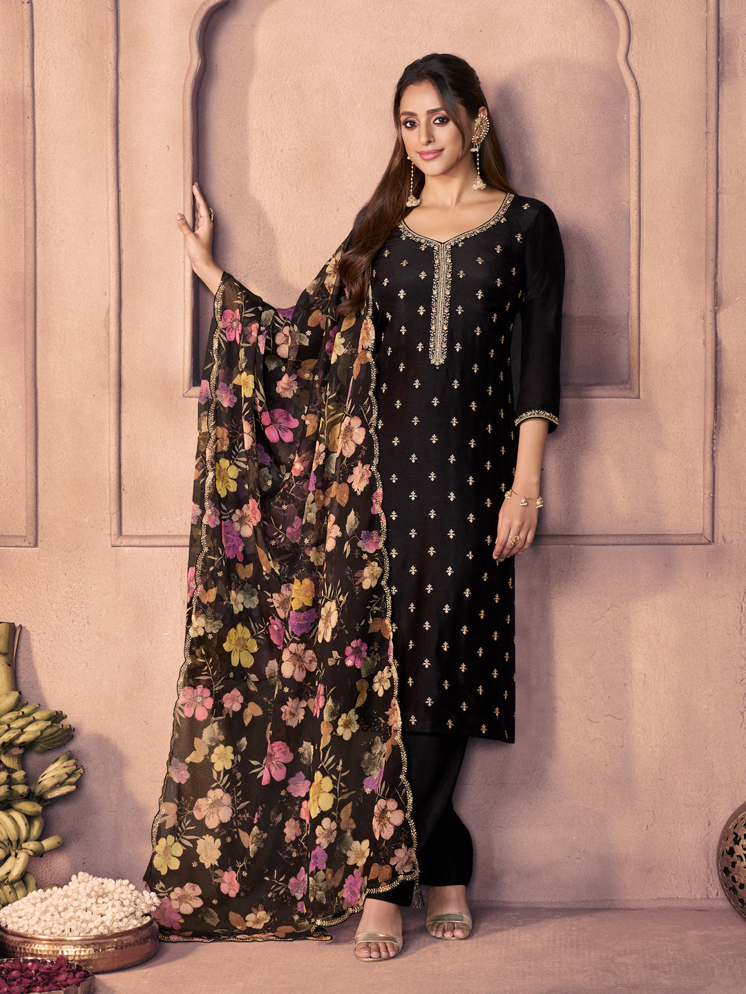 Black Dola Silk Suit with Ethnic Motifs and Embroidered Neckline