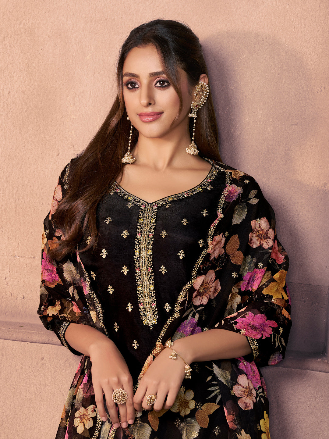 Black Dola Silk Suit with Ethnic Motifs and Embroidered Neckline
