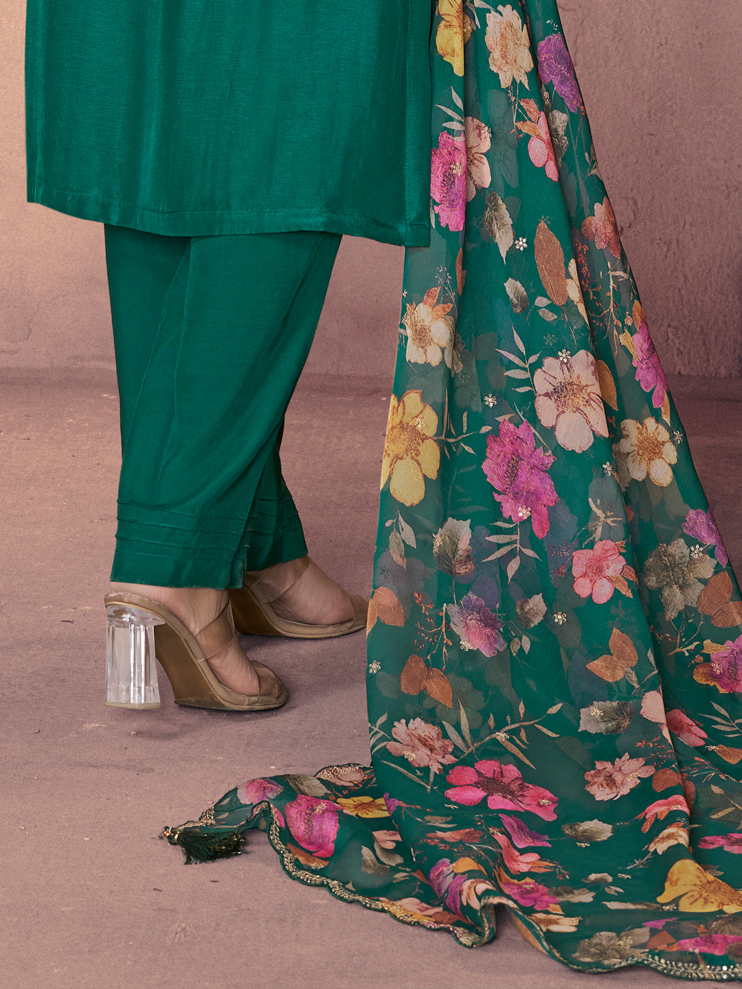 Teal Green Dola Silk Suit with Ethnic Motifs & Embroidered Neckline