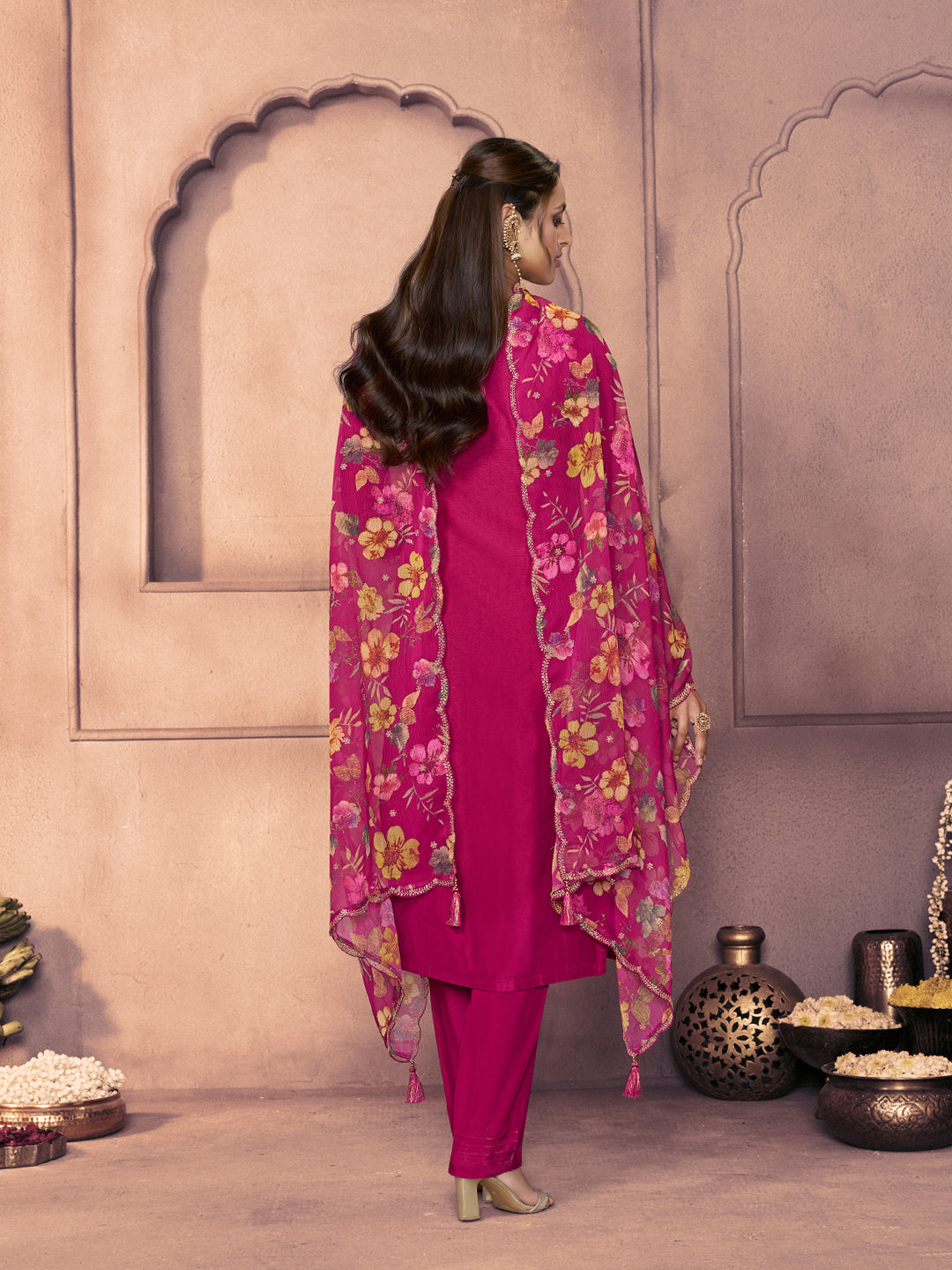 Magenta Dola Silk Suit with Ethnic Motifs & Embroidered Neckline