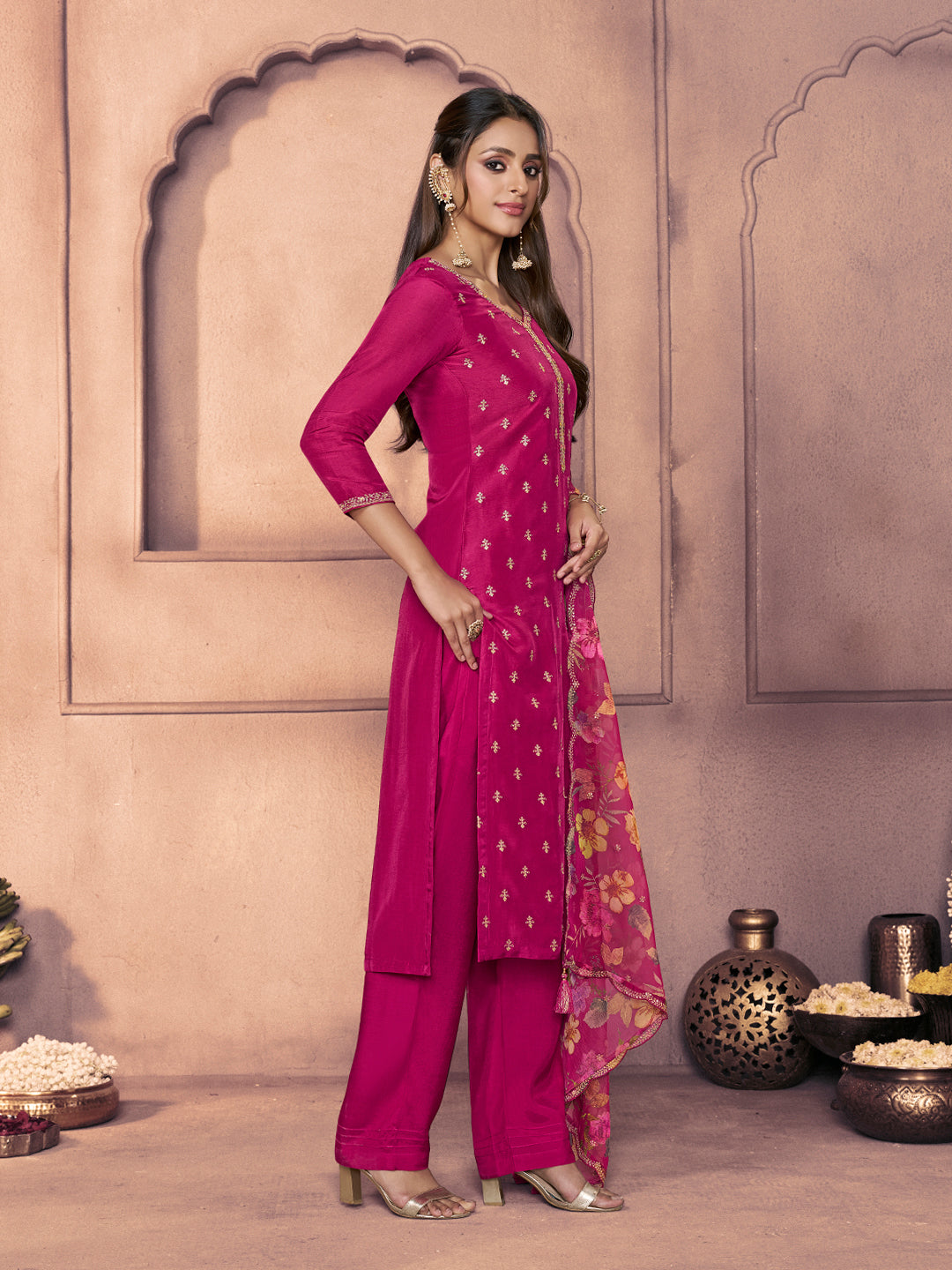 Magenta Dola Silk Suit with Ethnic Motifs & Embroidered Neckline