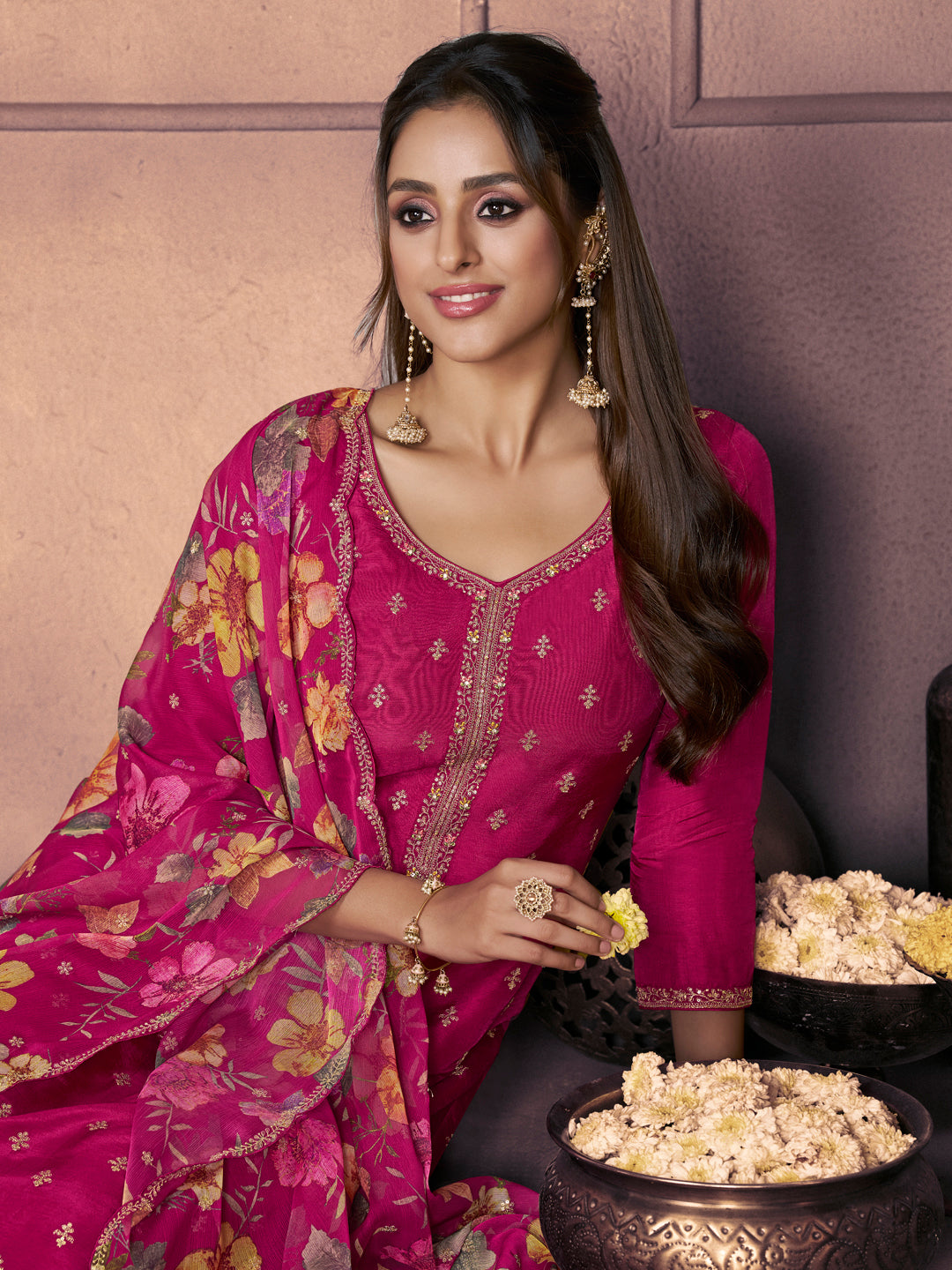 Magenta Dola Silk Suit with Ethnic Motifs & Embroidered Neckline