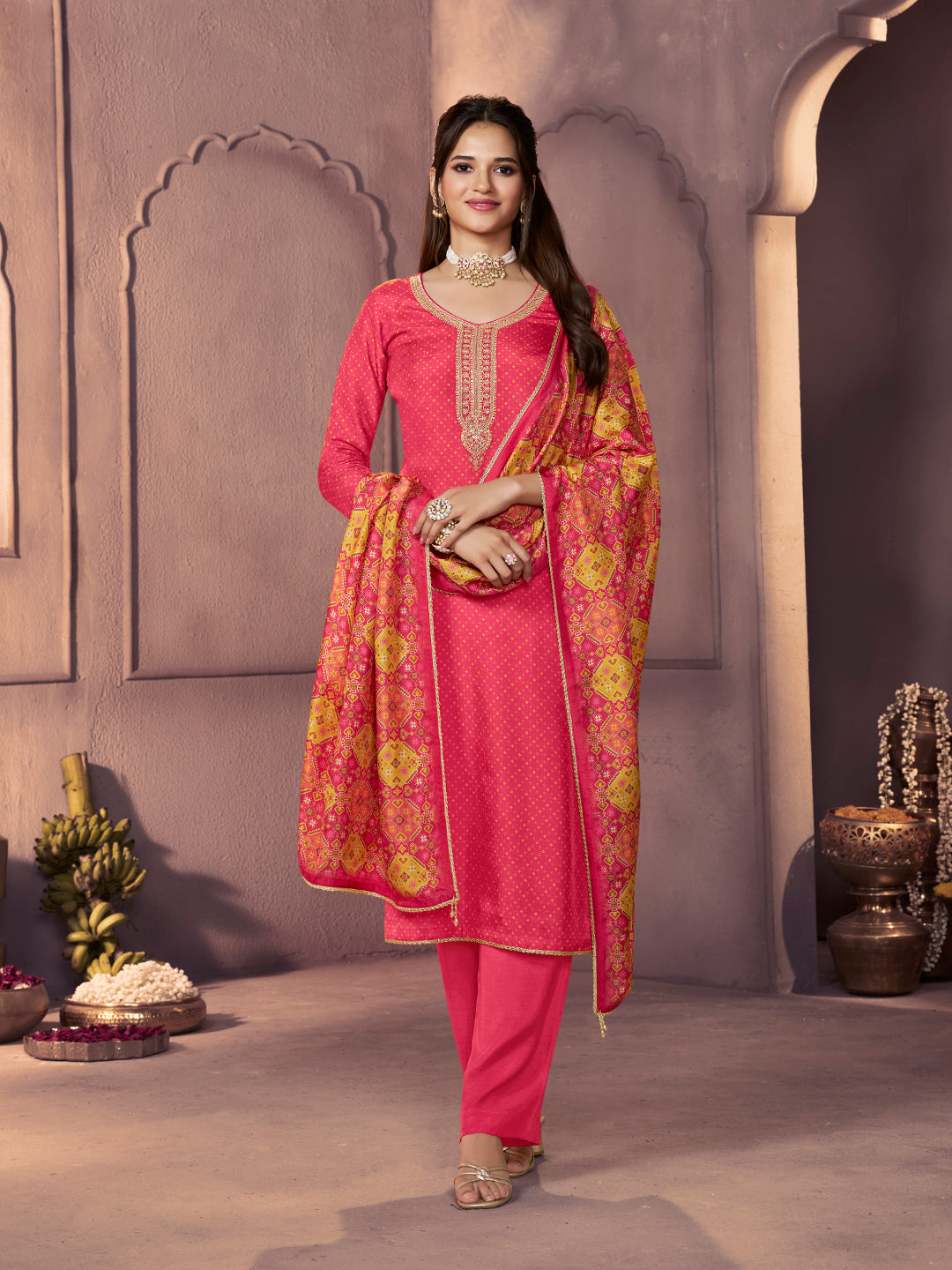 Dark Pink Russian Silk Suit with Printed Dupatta & Embroidered Neckline