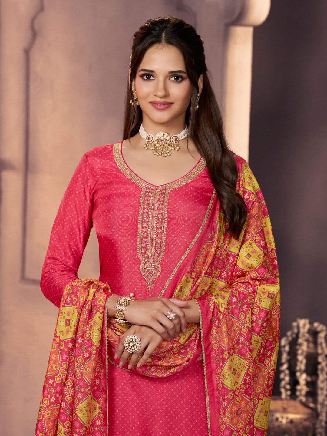 Dark Pink Russian Silk Suit with Printed Dupatta & Embroidered Neckline