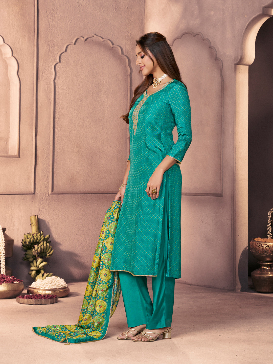 Aqua Blue Russian Silk Suit with Ethnic Motif Print & Embroidered Detailing