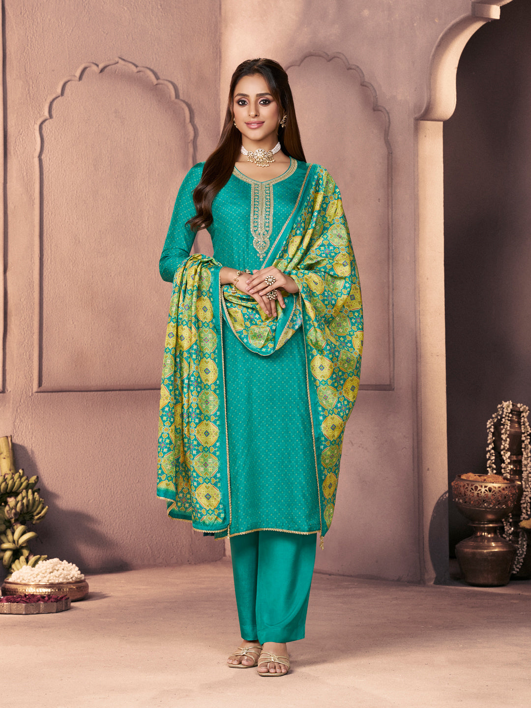 Aqua Blue Russian Silk Suit with Ethnic Motif Print & Embroidered Detailing