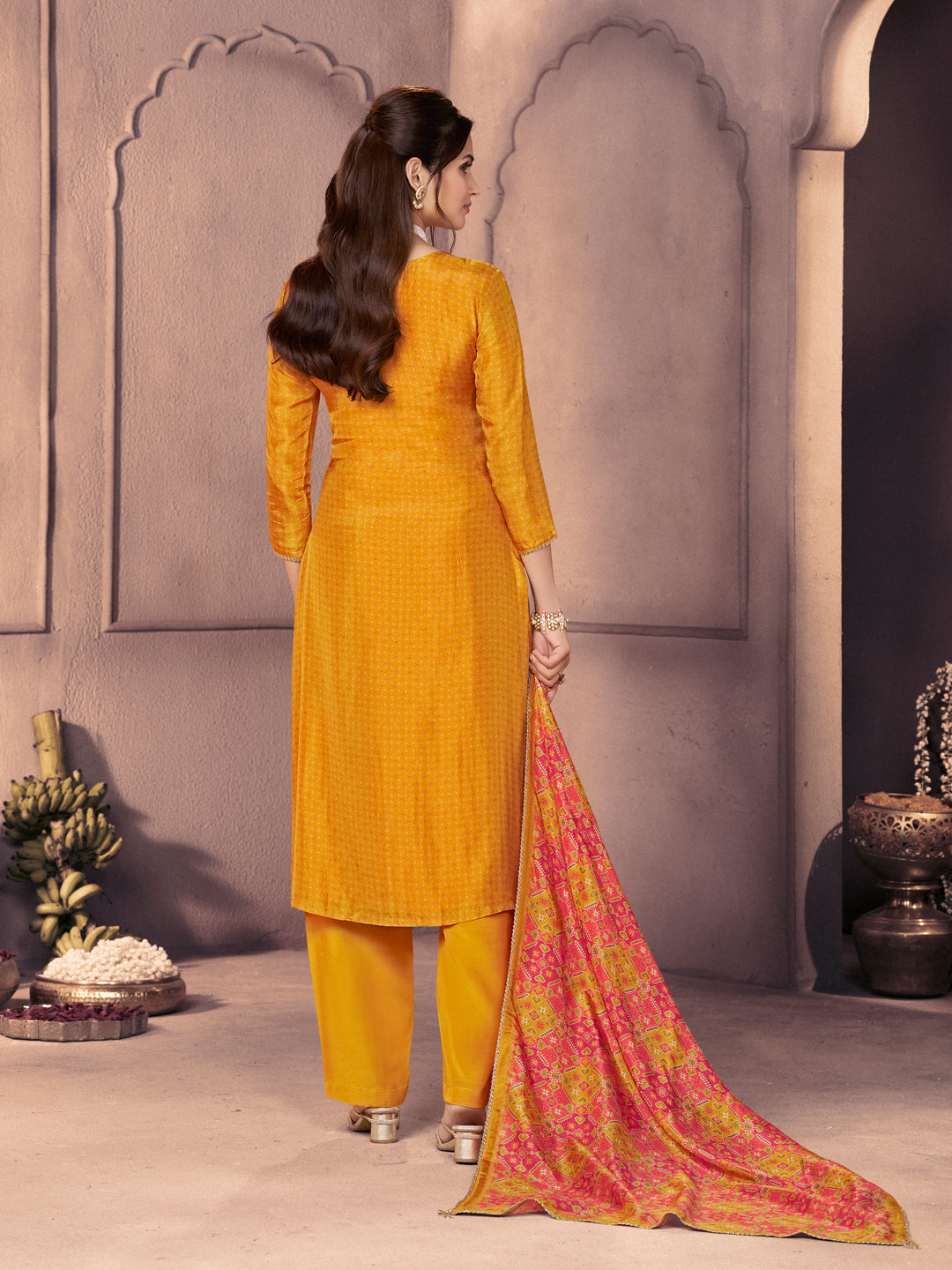 Amber Russian Silk Suit with Ethnic Motif Print & Embroidered Neckline