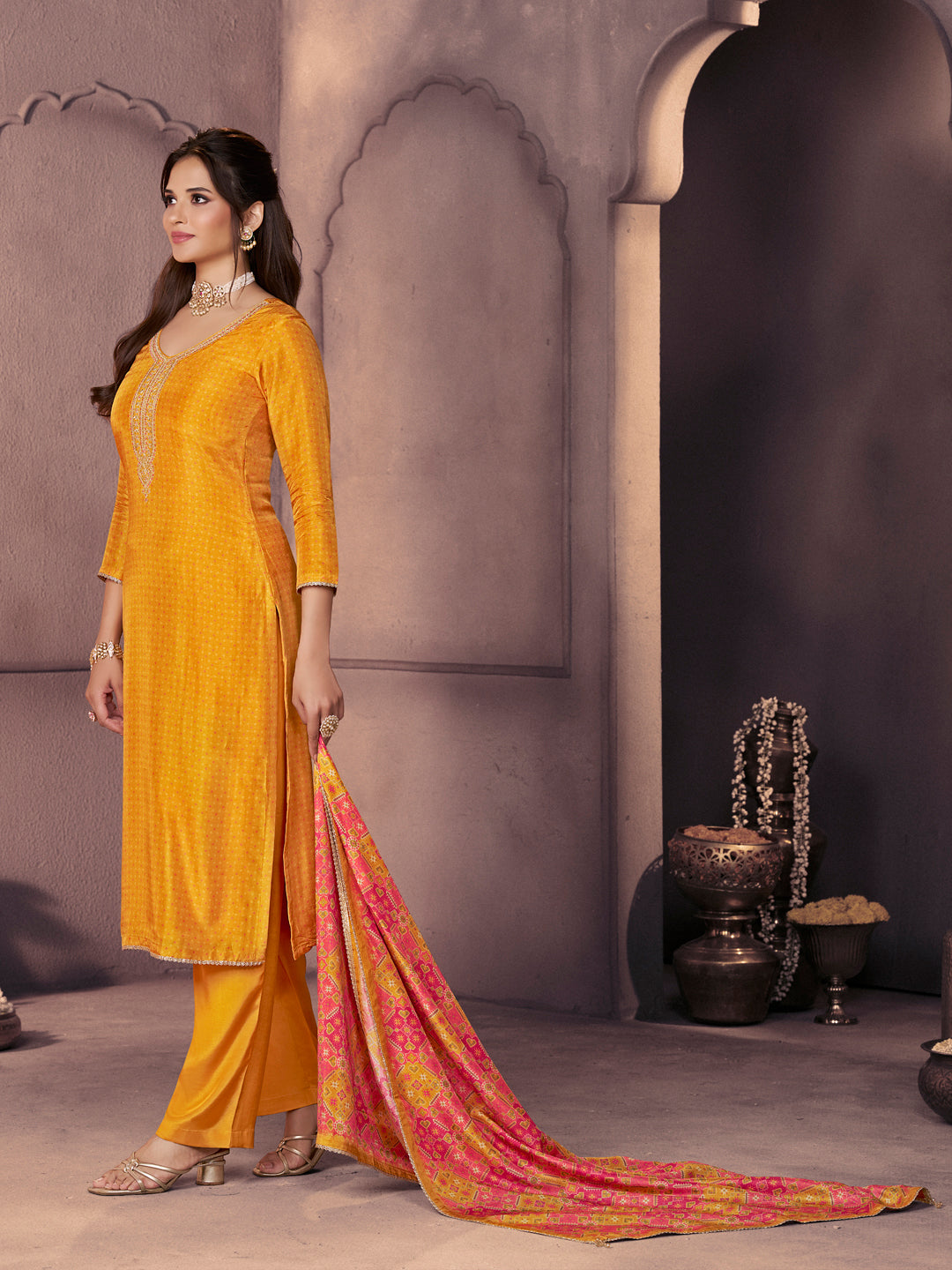 Amber Russian Silk Suit with Ethnic Motif Print & Embroidered Neckline