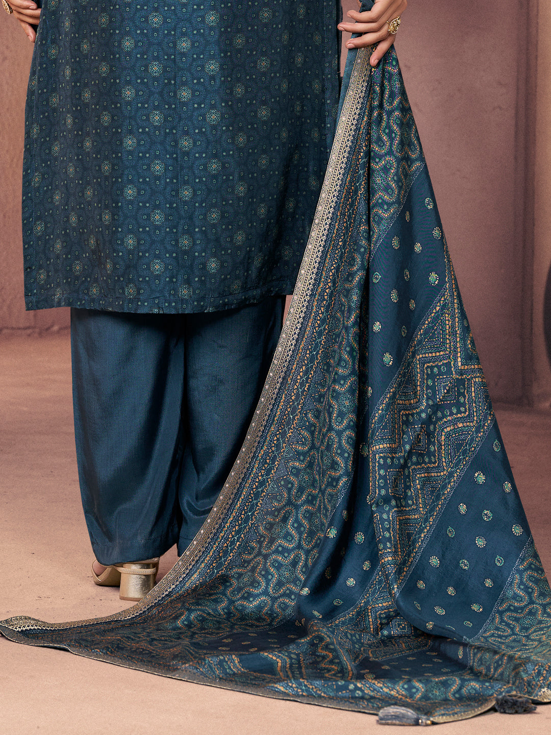 Teal Blue Premium Russian Silk Suit with Ethnic Motifs & Embroidered Neckline
