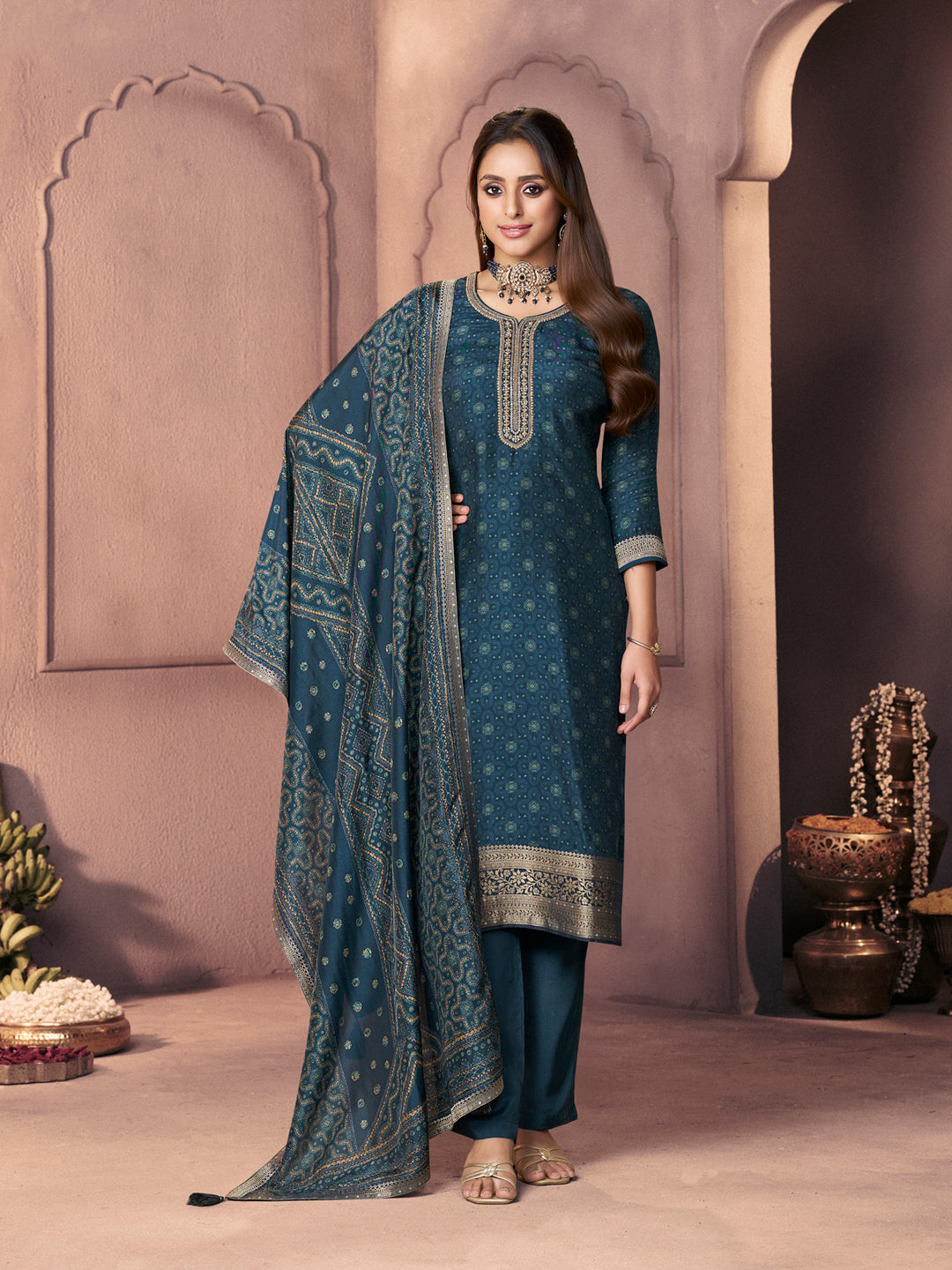 Teal Blue Premium Russian Silk Suit with Ethnic Motifs & Embroidered Neckline