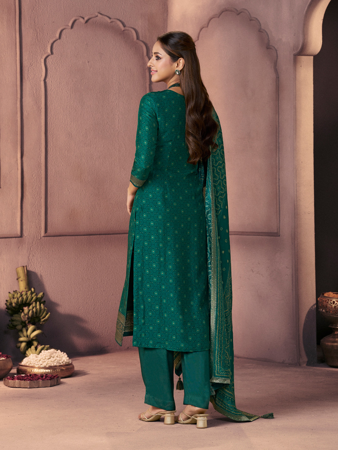 Teal Green Premium Russian Silk Suit with Ethnic Motifs & Embroidered Neckline