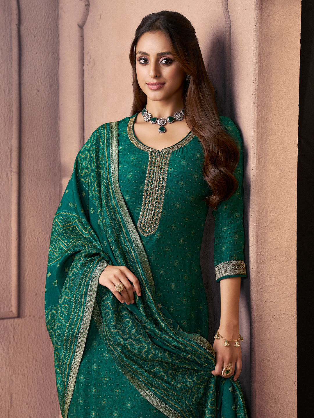 Teal Green Premium Russian Silk Suit with Ethnic Motifs & Embroidered Neckline