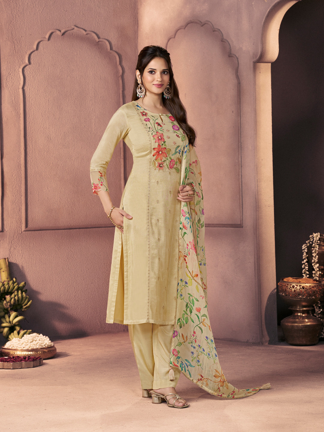 Bright Ivory Premium Dola Silk Suit with Ethnic Motifs & Bead-Work Accents