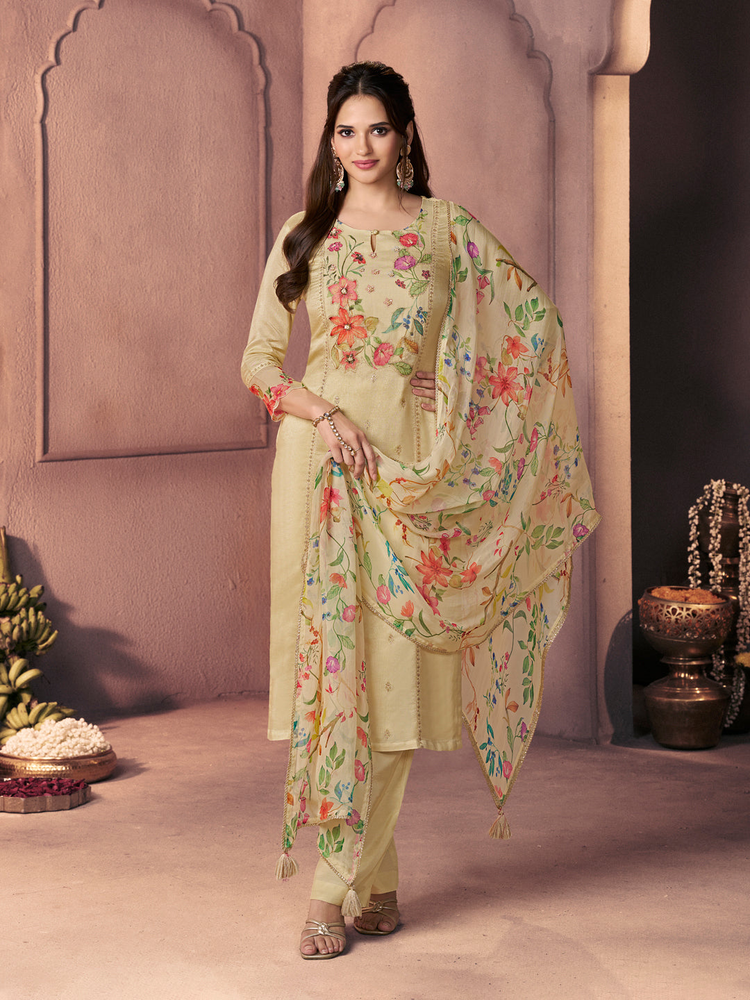 Bright Ivory Premium Dola Silk Suit with Ethnic Motifs & Bead-Work Accents