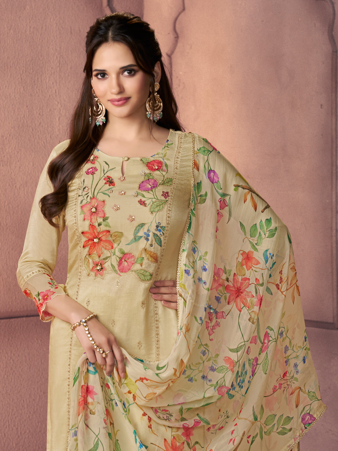 Bright Ivory Premium Dola Silk Suit with Ethnic Motifs & Bead-Work Accents