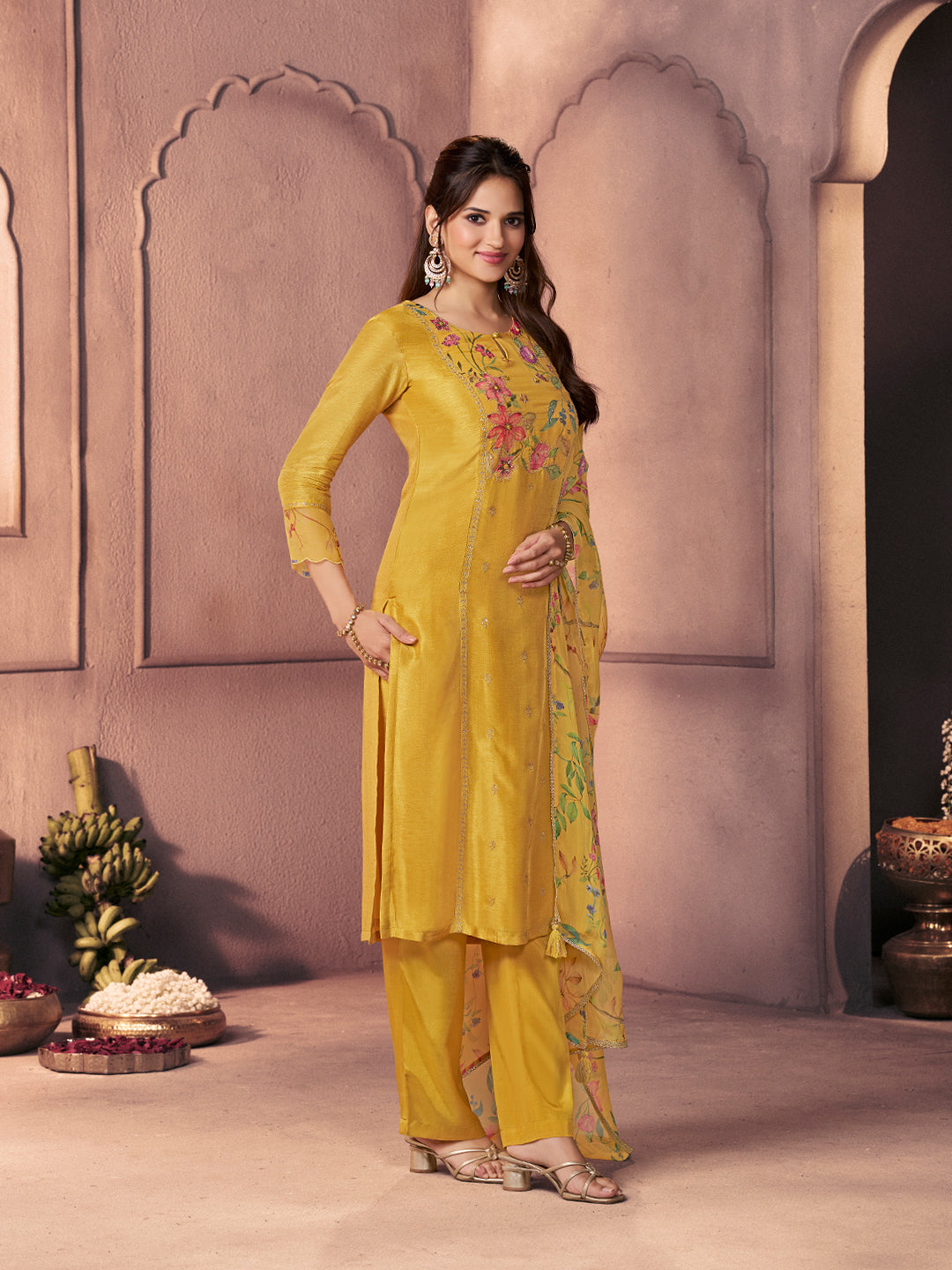 Bright Mustard Premium Dola Silk Suit with Ethnic Motifs & Bead-Work Accents