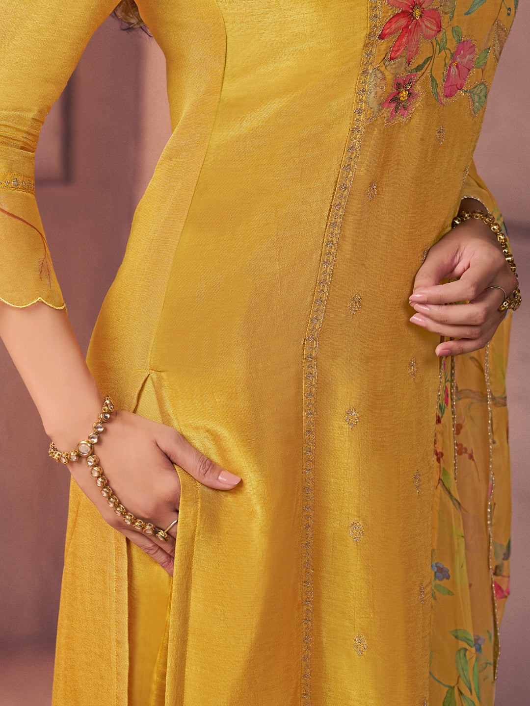 Bright Mustard Premium Dola Silk Suit with Ethnic Motifs & Bead-Work Accents