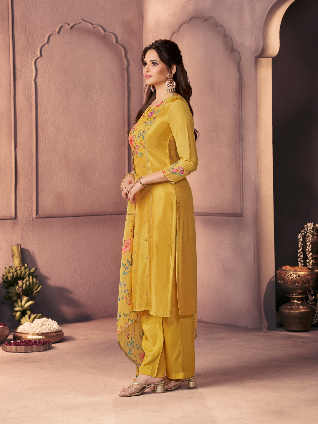 Bright Mustard Premium Dola Silk Suit with Ethnic Motifs & Bead-Work Accents