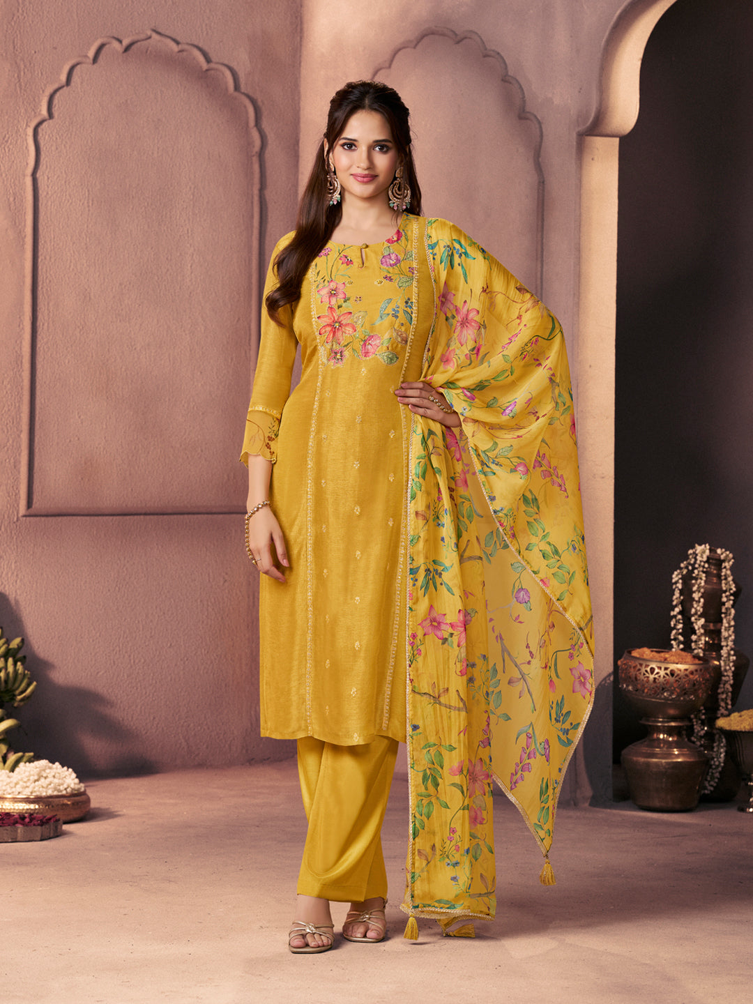 Bright Mustard Premium Dola Silk Suit with Ethnic Motifs & Bead-Work Accents
