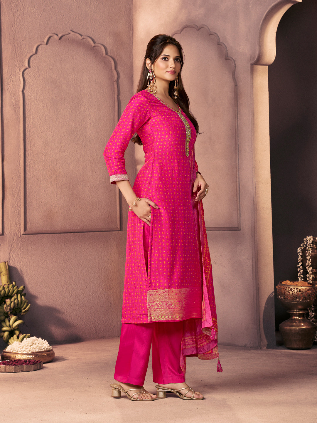 Hot Pink Premium Russian Silk Suit with Ethnic Motifs & Embroidered Neckline