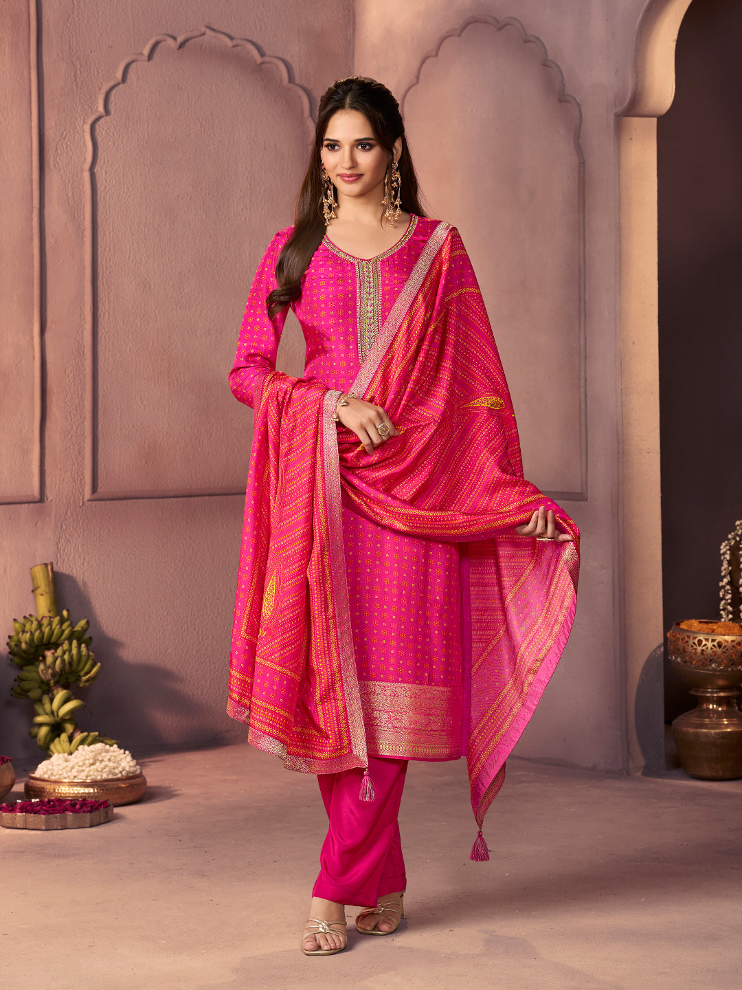 Hot Pink Premium Russian Silk Suit with Ethnic Motifs & Embroidered Neckline