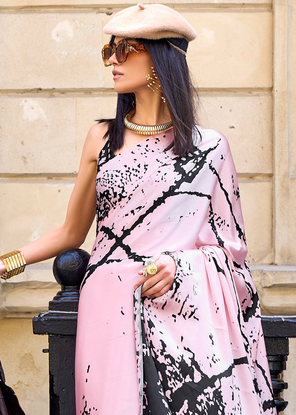 Light Pink Designer Satin Crepe Printed Saree - qivii
