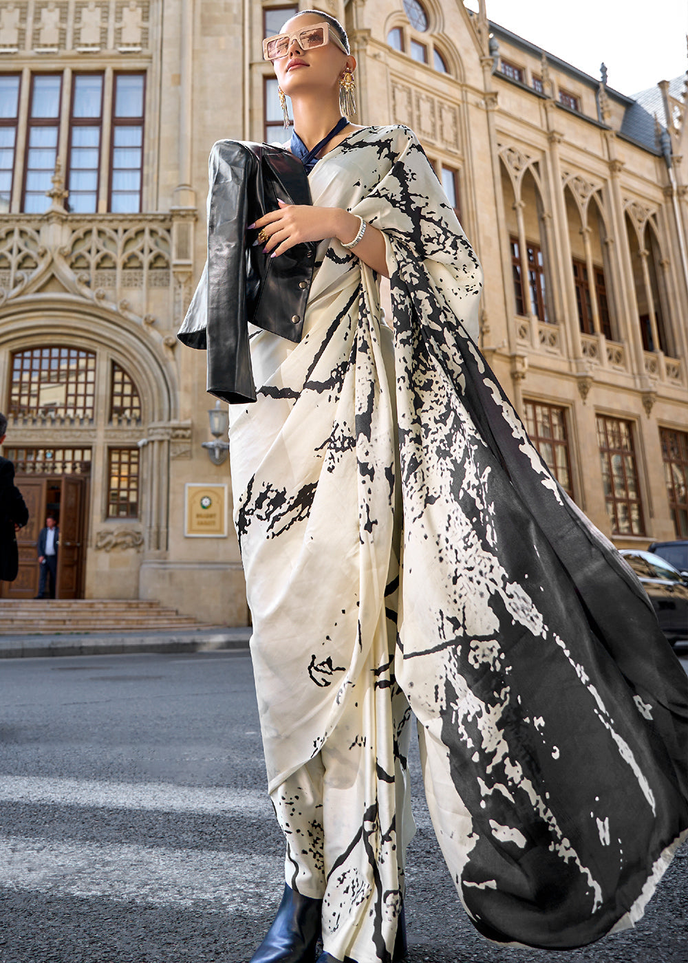 Parchment White Designer Satin Crepe Printed Saree - qivii