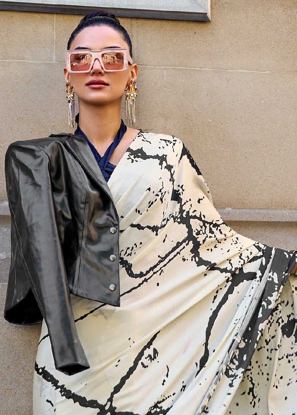 Parchment White Designer Satin Crepe Printed Saree - qivii