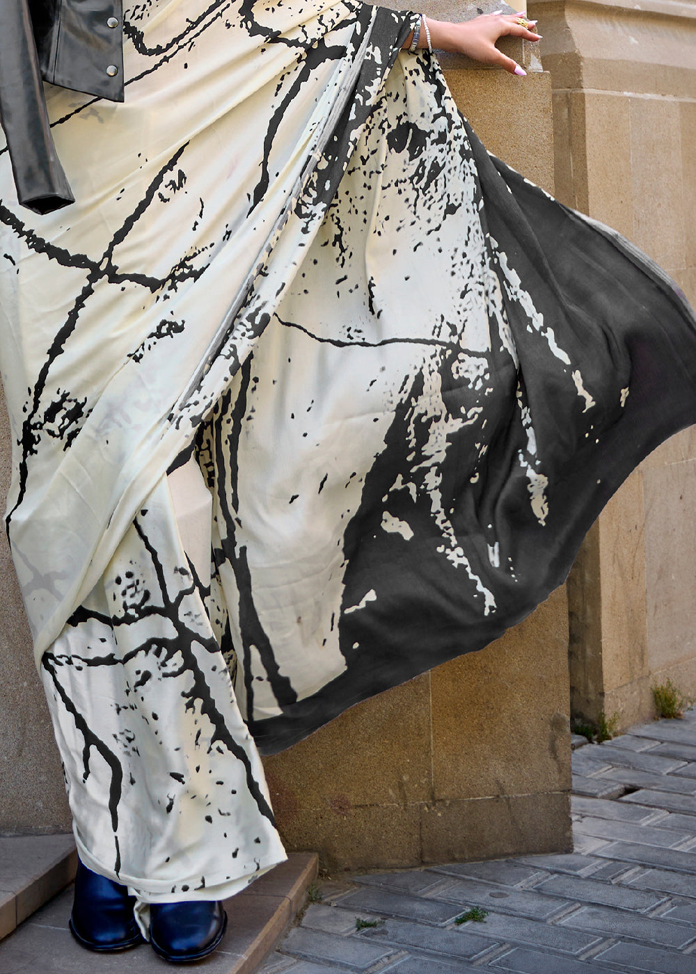 Parchment White Designer Satin Crepe Printed Saree - qivii