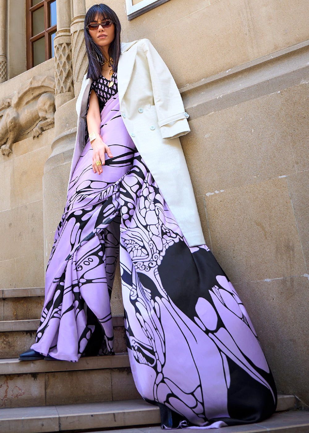 Orchid Purple Designer Satin Crepe Printed Saree - qivii