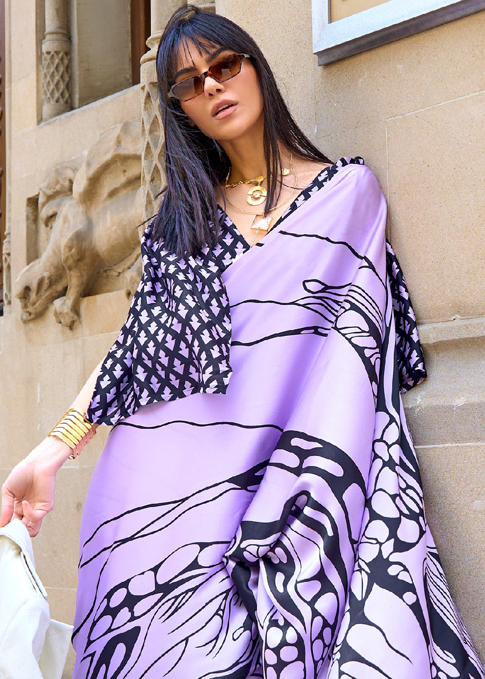 Orchid Purple Designer Satin Crepe Printed Saree - qivii