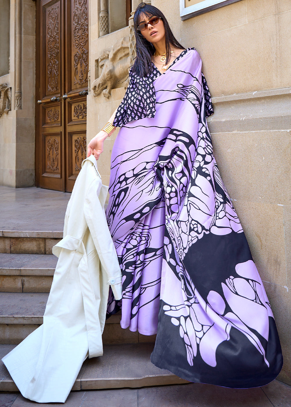 Orchid Purple Designer Satin Crepe Printed Saree - qivii