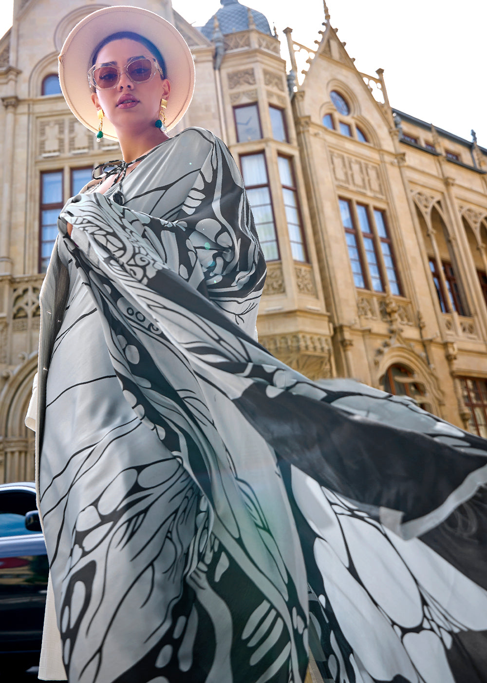 Grey & White Designer Satin Crepe Printed Saree - qivii