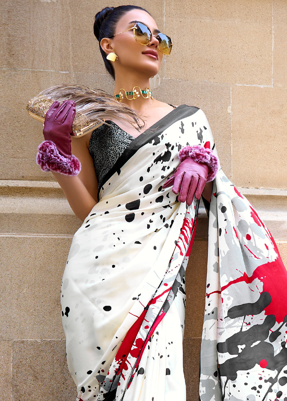 Rice White Designer Satin Crepe Printed Saree - qivii