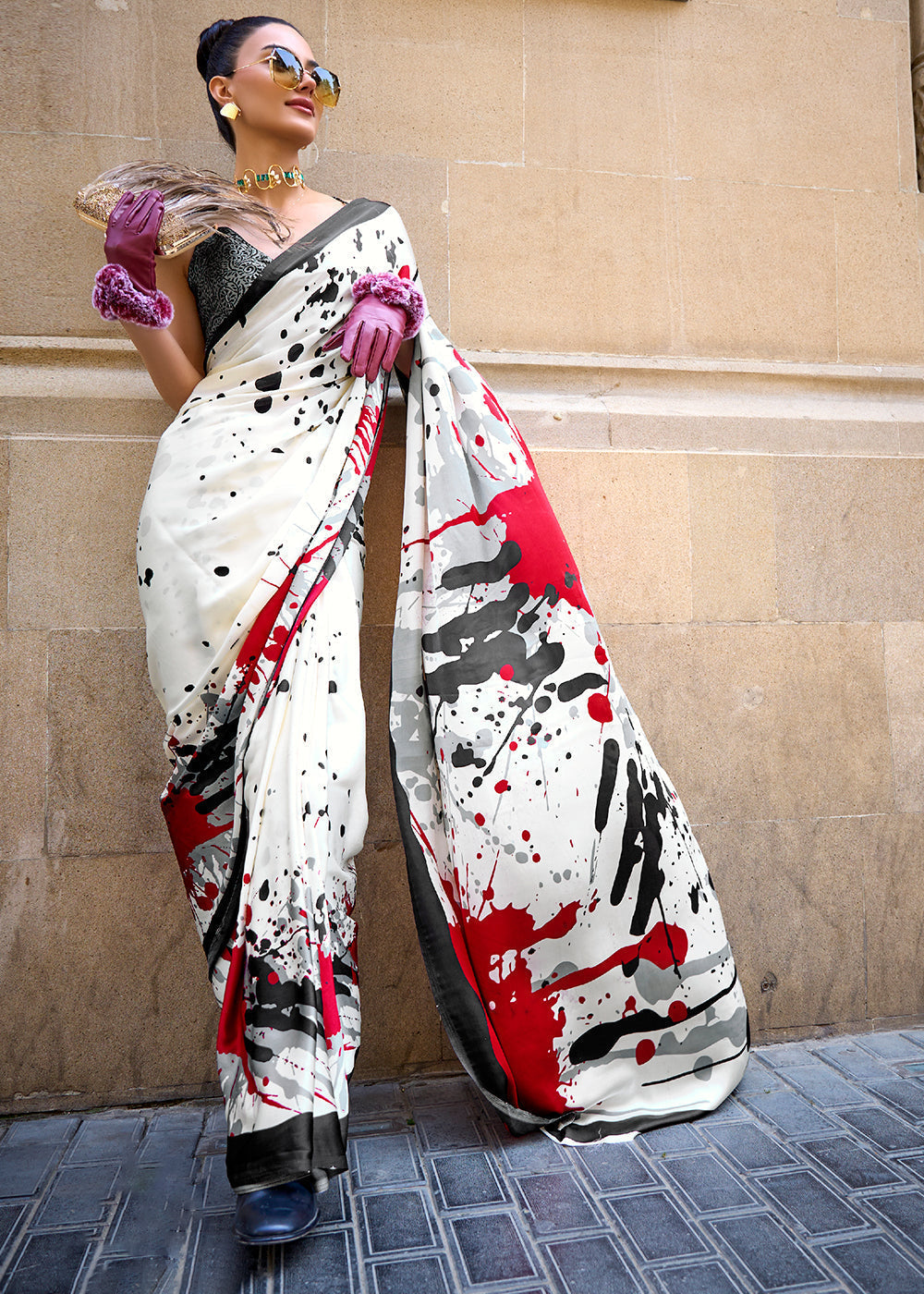 Rice White Designer Satin Crepe Printed Saree - qivii