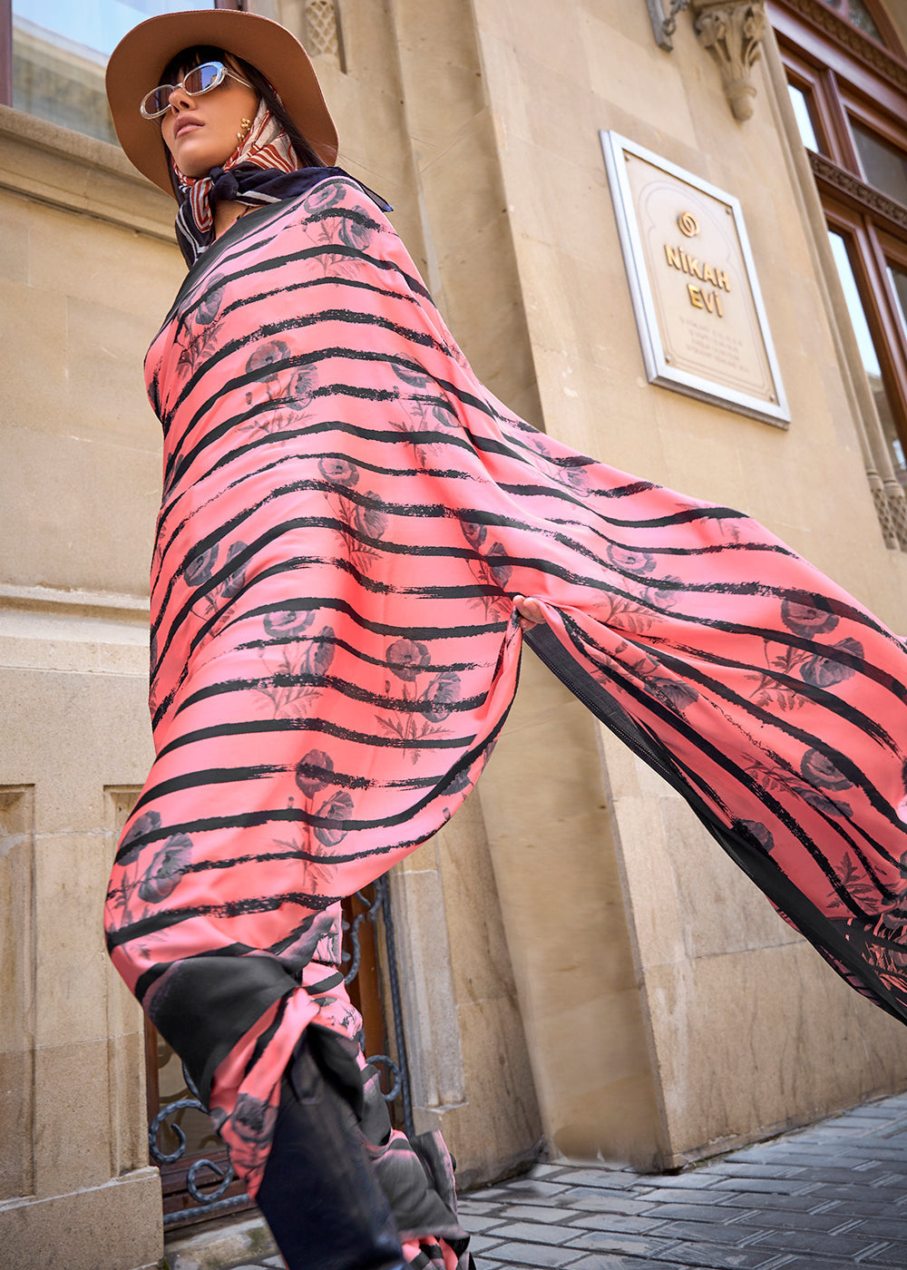 Coral Pink Designer Satin Crepe Printed Saree - qivii