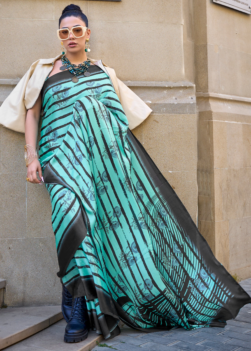 Tiffany Blue Designer Satin Crepe Printed Saree - qivii