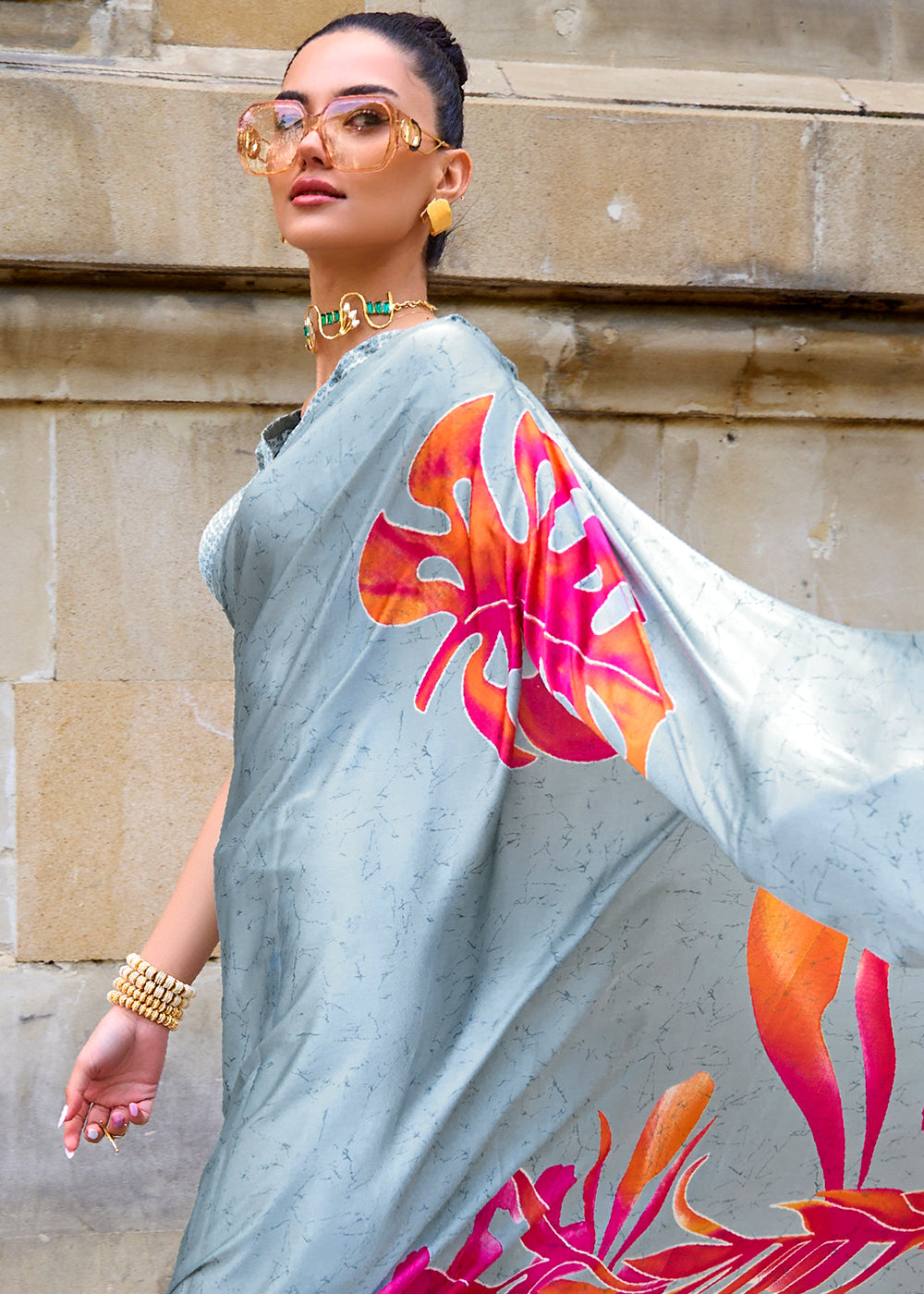 Pearl River Grey Designer Satin Crepe Printed Saree - qivii