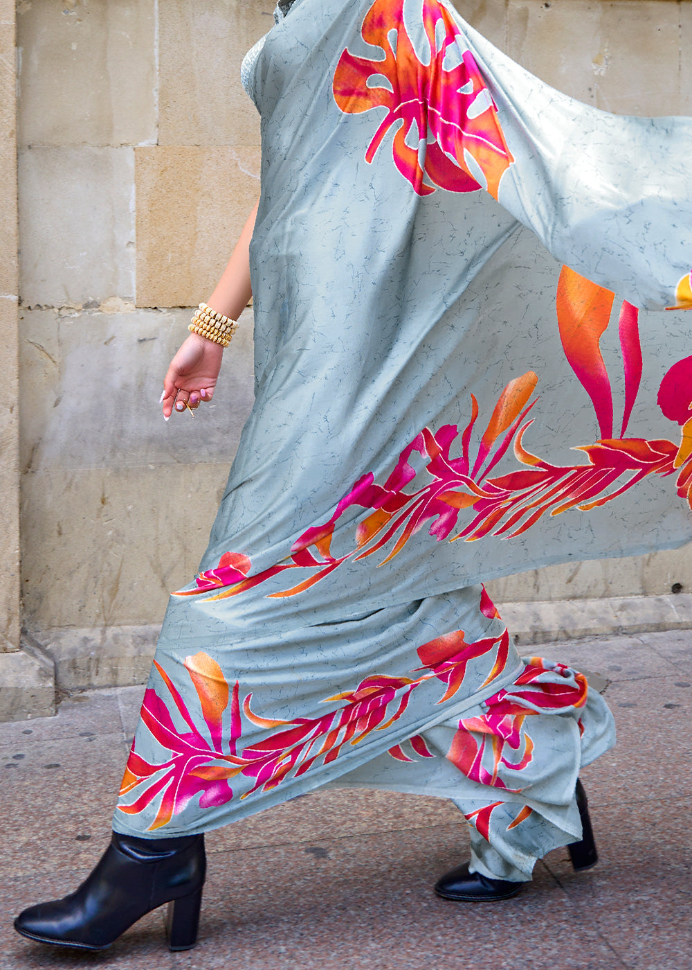 Pearl River Grey Designer Satin Crepe Printed Saree - qivii
