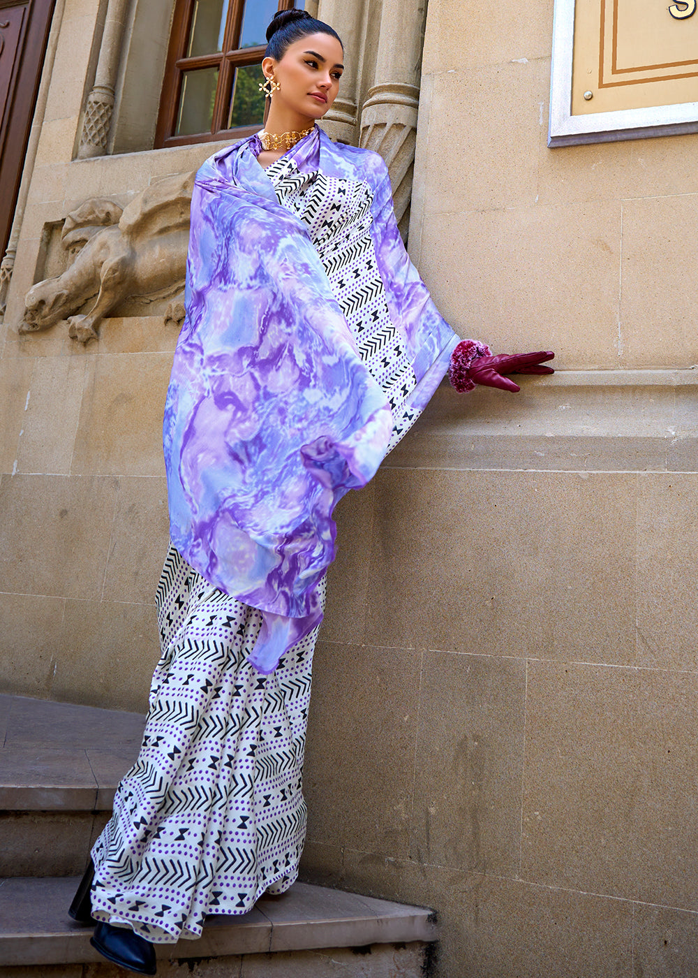 White & Purple Designer Satin Crepe Printed Saree - qivii